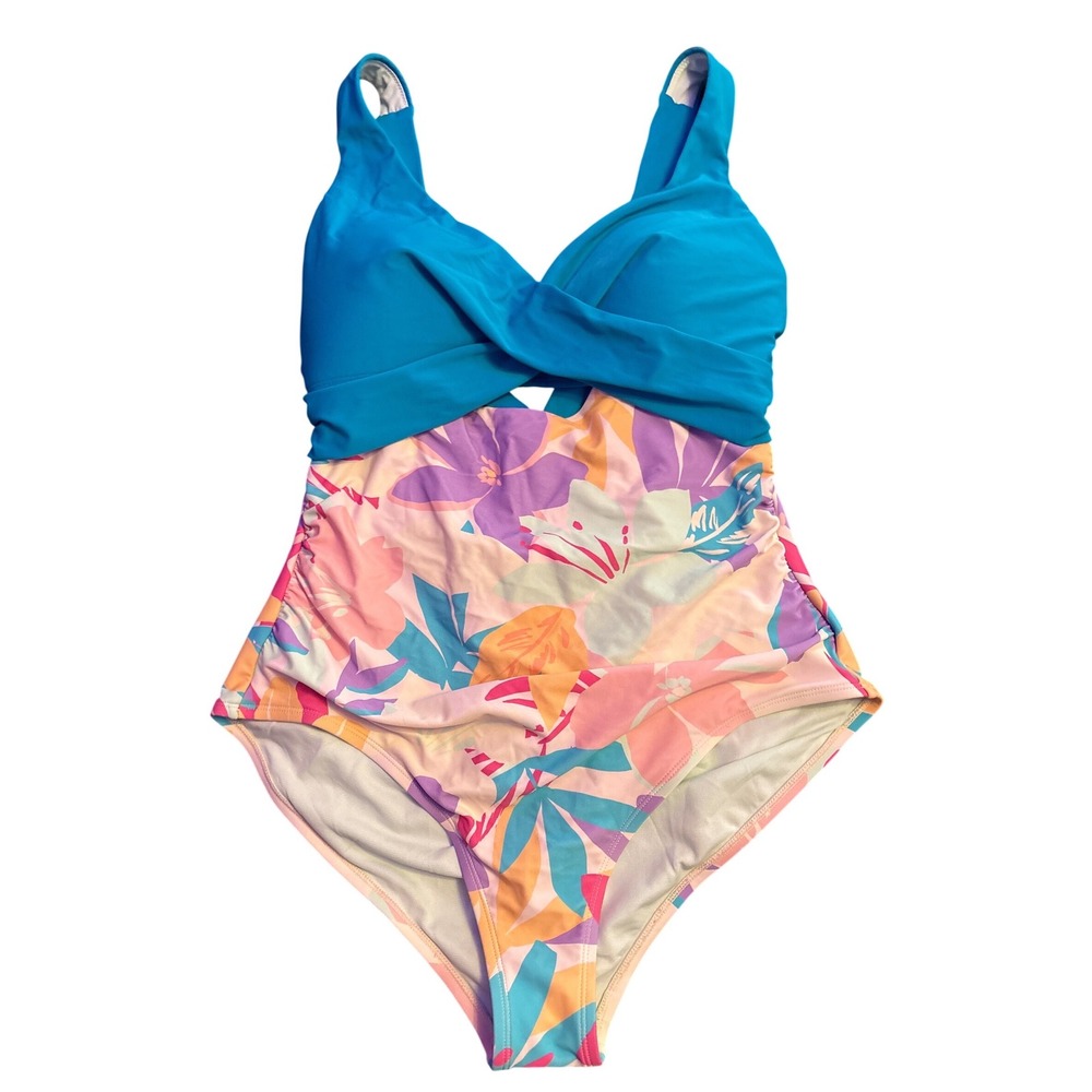 Women's Tropical Floral One Piece Swimsuit Teal Twist Front Tummy Control XL